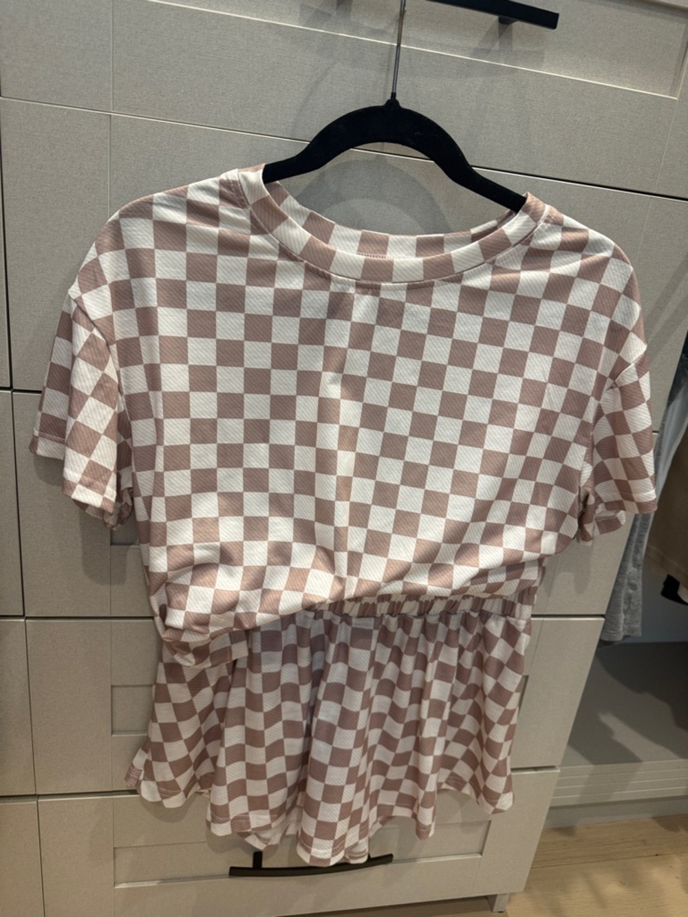 Checkerboard Peplum Short Sleeve Top - Cream & and Skirt Set - Picture 2 of 3